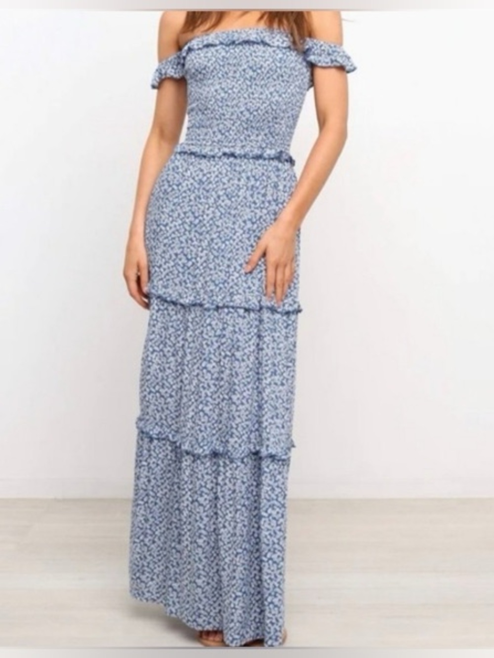 Petal + Pup Flemington Smocked Maxi Blue Floral Off Shoulder